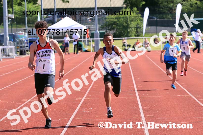 Boys Under-13s 100 metres, 2024 North Eastern Track and Field Champs., Middlesbrough.  Photo: David T. Hewitson/Sports for All Pics